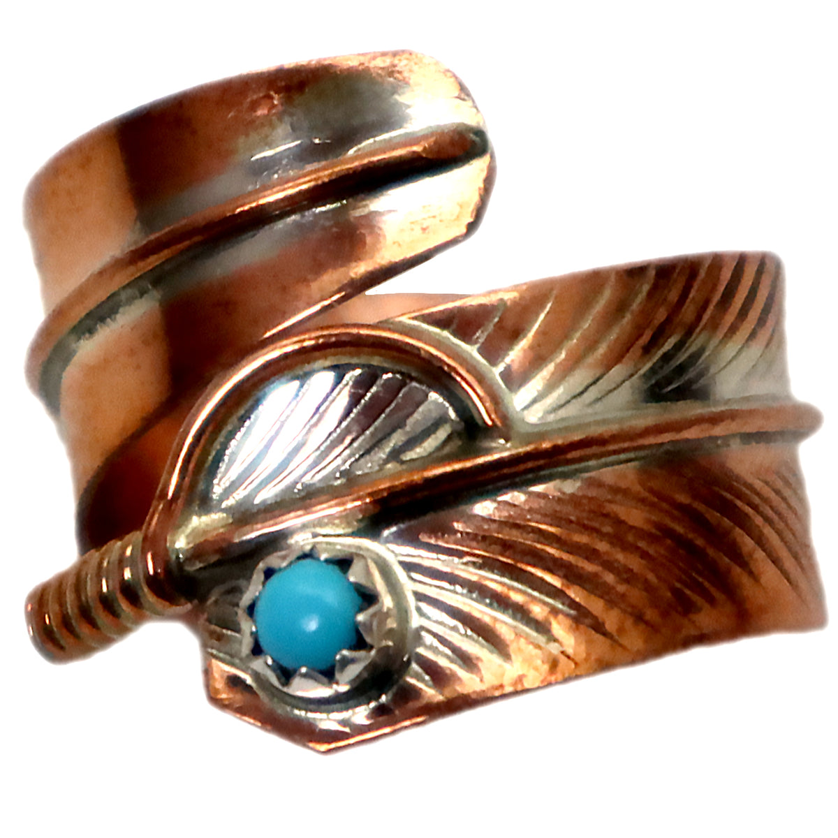 Navajo Copper Feather Ring with Turquoise, Handmade in the USA