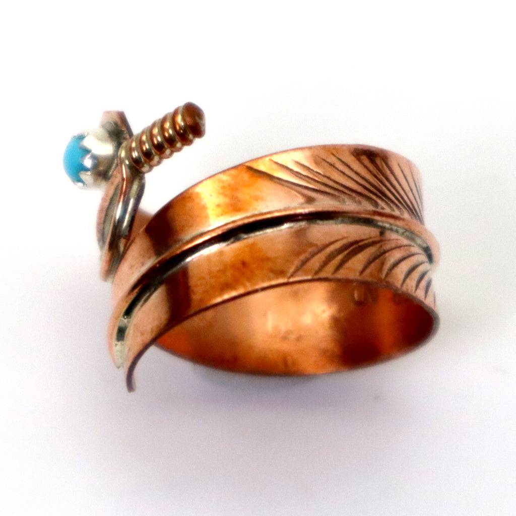 Navajo Copper Feather Ring with Turquoise, Handmade in the USA