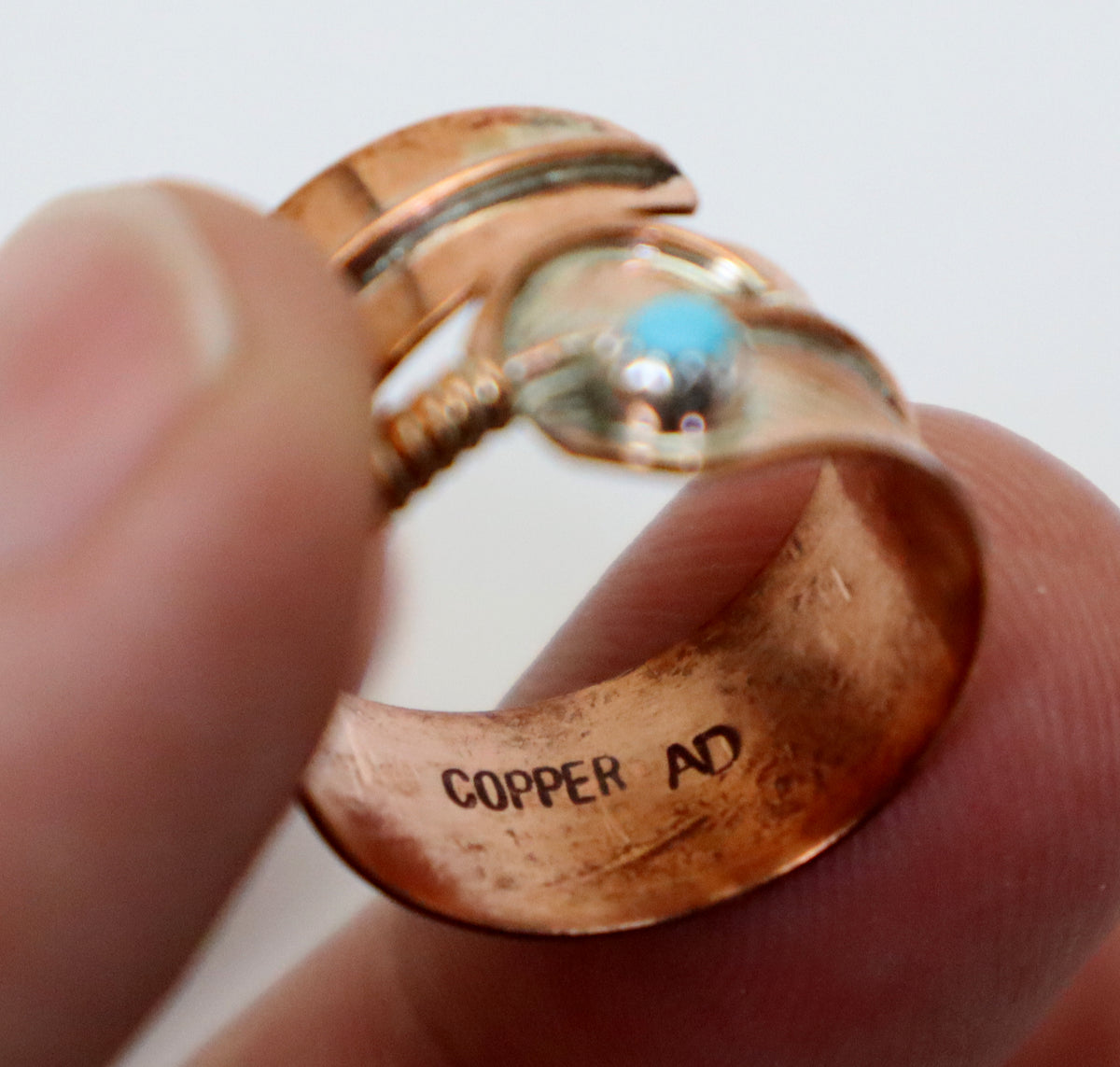 Navajo Copper Feather Ring with Turquoise, Handmade in the USA