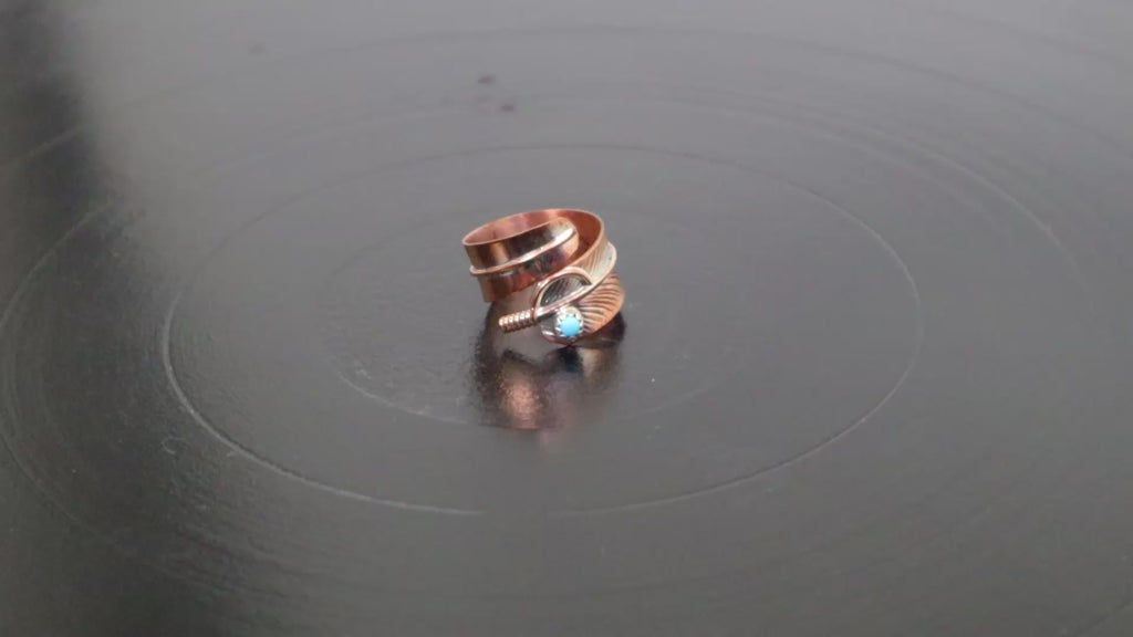 Navajo Copper Feather Ring with Turquoise, Handmade in the USA