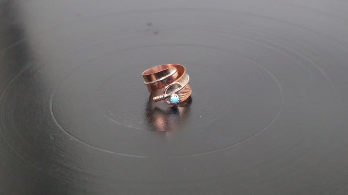Navajo Copper Feather Ring with Turquoise, Handmade in the USA